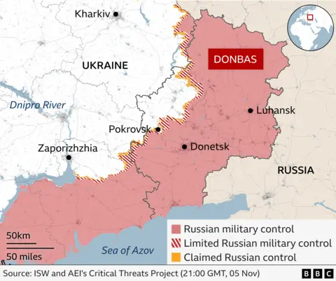 A map showing Ukraine's Donbas region and areas under Russian control.