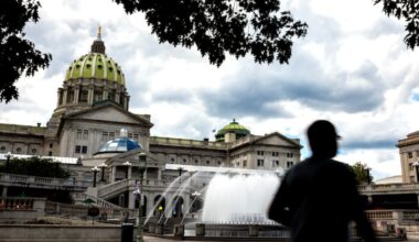 The East Wing and Pennsylvania War Veterans’ Memorial Fountain at the main public entrance to the Pennsylvania State Capitol on Commonwealth Avenue in Harrisburg  Aug. 26, 2025.