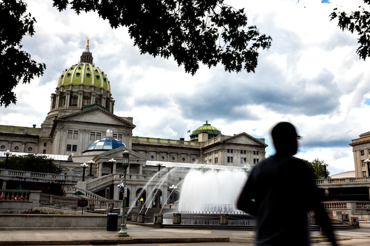 The East Wing and Pennsylvania War Veterans’ Memorial Fountain at the main public entrance to the Pennsylvania State Capitol on Commonwealth Avenue in Harrisburg  Aug. 26, 2025.