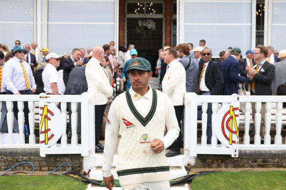Khawaja outside the Lord’s pavilion after the second Ashes Test in 2023.