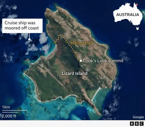 A satellite map of Lizard Island, located off the coast of Queensland, Australia. The map highlights a hiking trail in yellow leading to Cook’s Look summit, marked with a white dot near the island’s centre. A label indicates where the Coral cruise ship was moored offshore to the northwest of the island. Surrounding the island are turquoise waters and coral reefs.