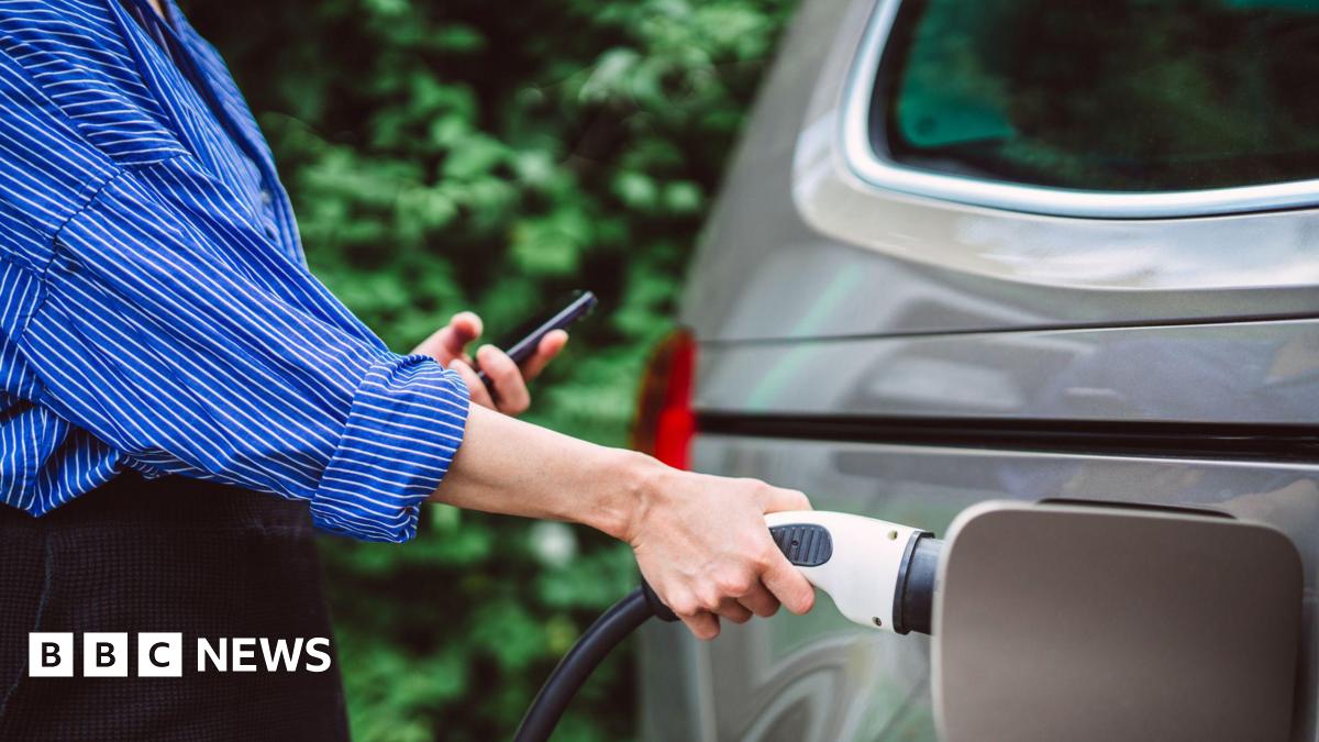 A young woman charges an electric car.