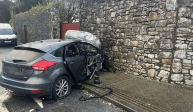 Two hospitalised after car hits wall and catches fire in Blackrock