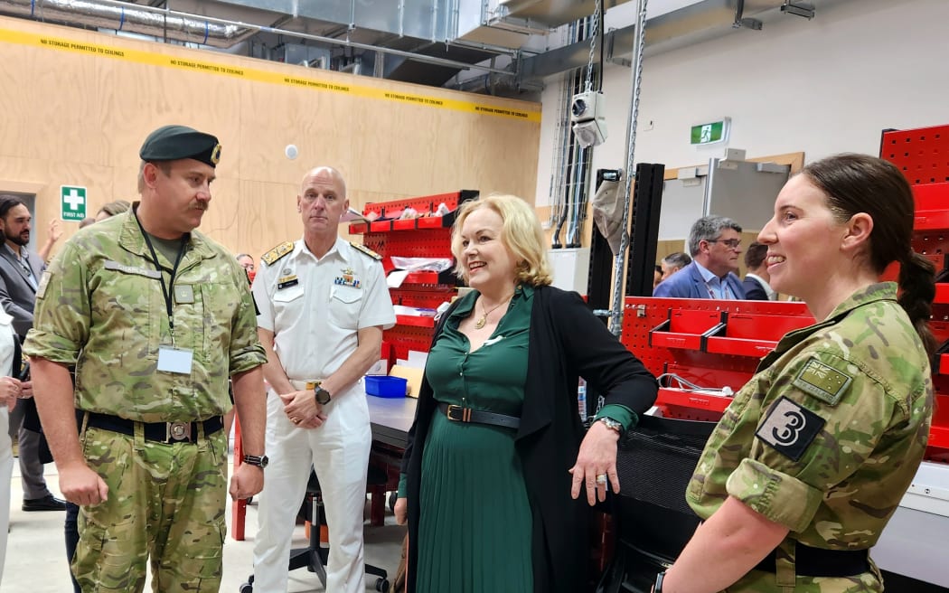Defence Minister Judith Collins on a tour of the new $58 million building for equipment maintenance and repairs at Burnham Military Camp.