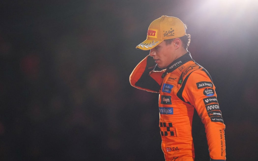Second placed Lando Norris of Great Britain and McLaren (later disqualified) on the podium during the F1 Grand Prix of Las Vegas at Las Vegas Strip Circuit on November 22, 2025 in Las Vegas, Nevada.