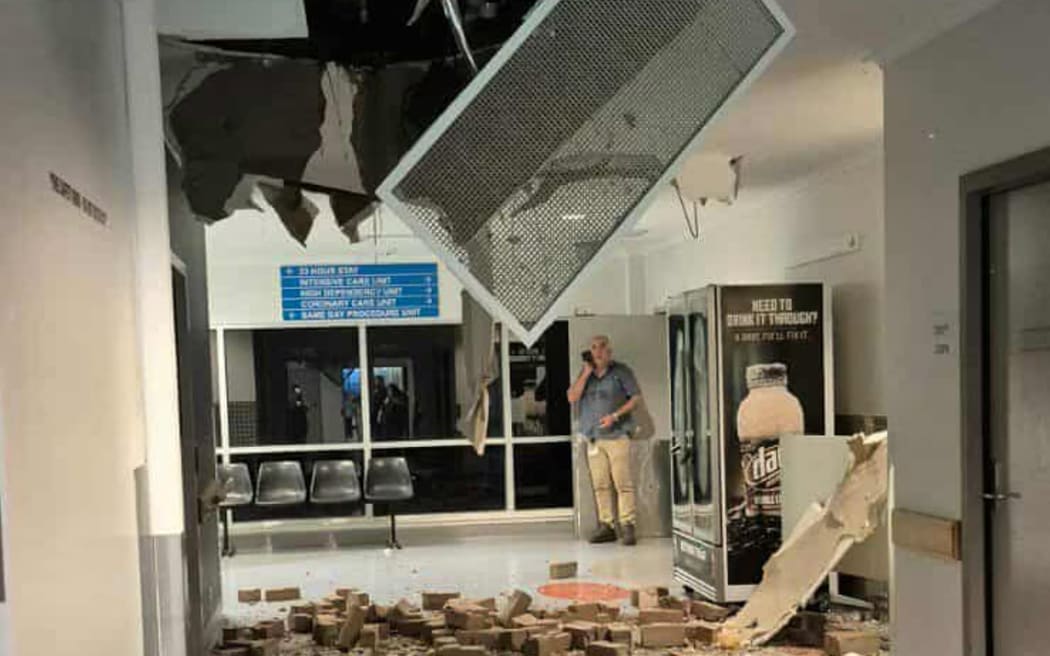 Roofing partially collapsed on the first floor of Royal Darwin Hospital as a result of the wild weather.
