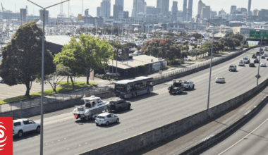 One Ocean fishing protest convoy crosses Auckland's Harbour Bridge