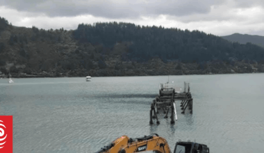 Digger goes for a swim at Waitaria Bay jetty