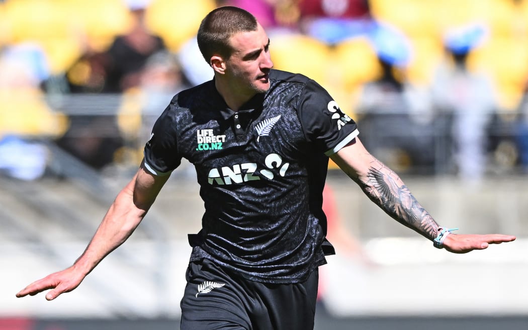 Blair Tickner of New Zealand reacts after he bowls Jos Buttler of England, New Zealand Blackcaps v England, 3rd ODI, Sky Stadium, Wellington.