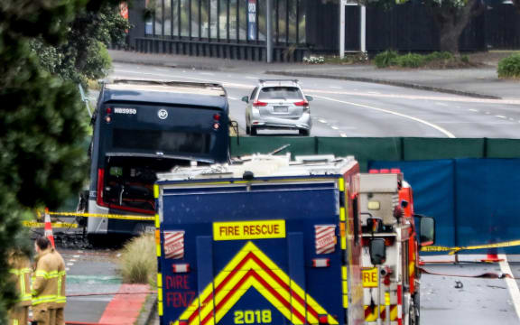 Fire engine at scene of Tamaki Drive bus crash in Auckland