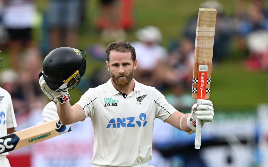 New Zealand's Kane Williamson celebrates his century against England, Hamilton, 2024.