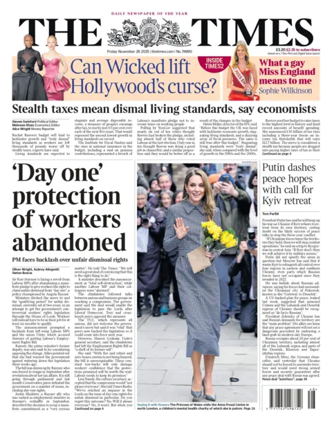 "'Day one' protection of workers abandoned: PM faces backlash over unfair dismissal rights," reads the headline on the front page of the Times