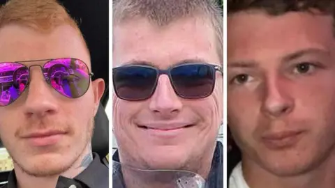 Police Scotland A composite image of three men - Connor Page, Lewis Soden and Reece Williams. Connor Page has a ginger beard, purple aviators and is wearing a black shirt. Lewis Soden has black sunglasses and Reece Williams has a white shirt on.