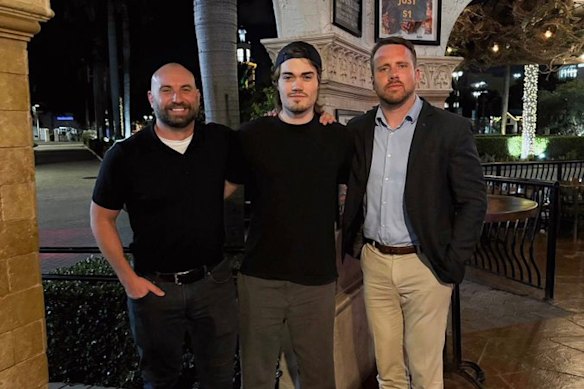 Stirling Cooper (left) posted a picture of himself in September with far-right influencers Hugo Lennon (centre) and Elijah Schaffer.