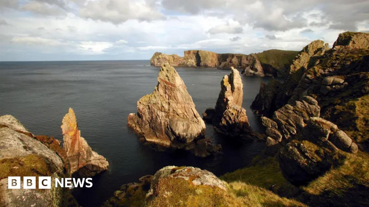 A stock image of Tory Island coastline - there are rocks emerging from the water, there is grass on the coastline.