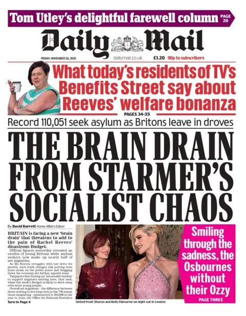 "The brain drain from Starmer's socialist chaos: Record 110,051 seek asylum as Britons leave in droves", reads the headline on the front page of the Daily Mail.