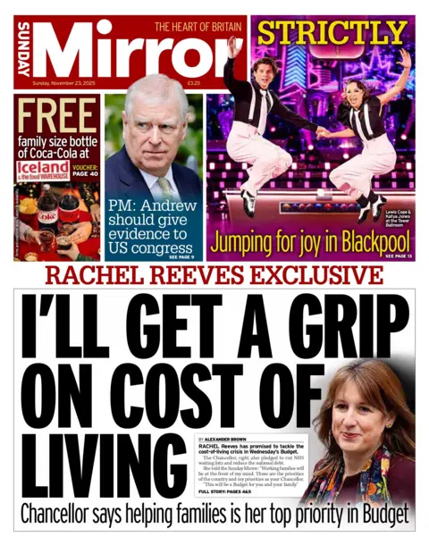 The headline on the front page of the Sunday Mirror reads: "I'll get a grip on cost of living". 