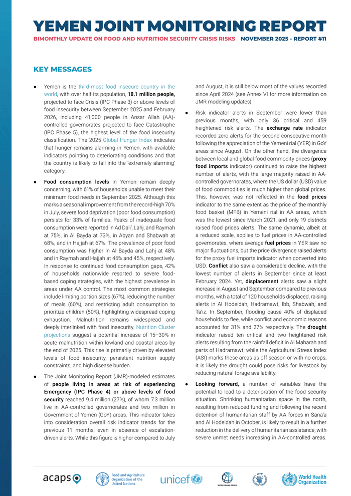 Yemen Joint Monitoring Report: Bimonthly Update on Food and Nutrition Security Crisis Risks (November 2025, No 11) - Yemen