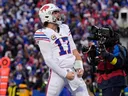 Buffalo Bills quarterback Josh Allen celebrates after scoring a touchdown against the Tampa Bay Buccaneers during the second half of an NFL football game, Sunday, Nov. 16, 2025, in Orchard Park, N.Y.