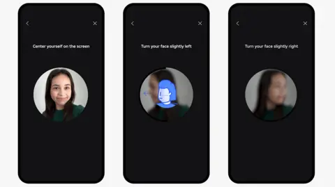 Roblox Three smartphone screens showing steps for facial age verification in an app. The screen on the left instructs the user to center themselves on the screen, the middle one shows an illustration with an arrow indicating to turn the face slightly left, and the right instructs to turn the face slightly right.