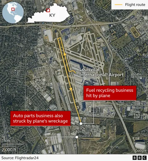 A map graphic showing the route UPS flight 2976 took before it crashed and hit two businesses
