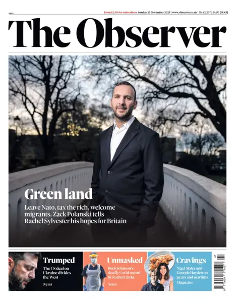 The headline on the front page of the Observer reads: "Green land". 
