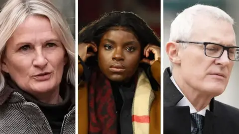 PA/REUTERS Court arrival headshots of Jeremy Vine (right), Lucy Ward (centre) and Eni Aluko (centre).