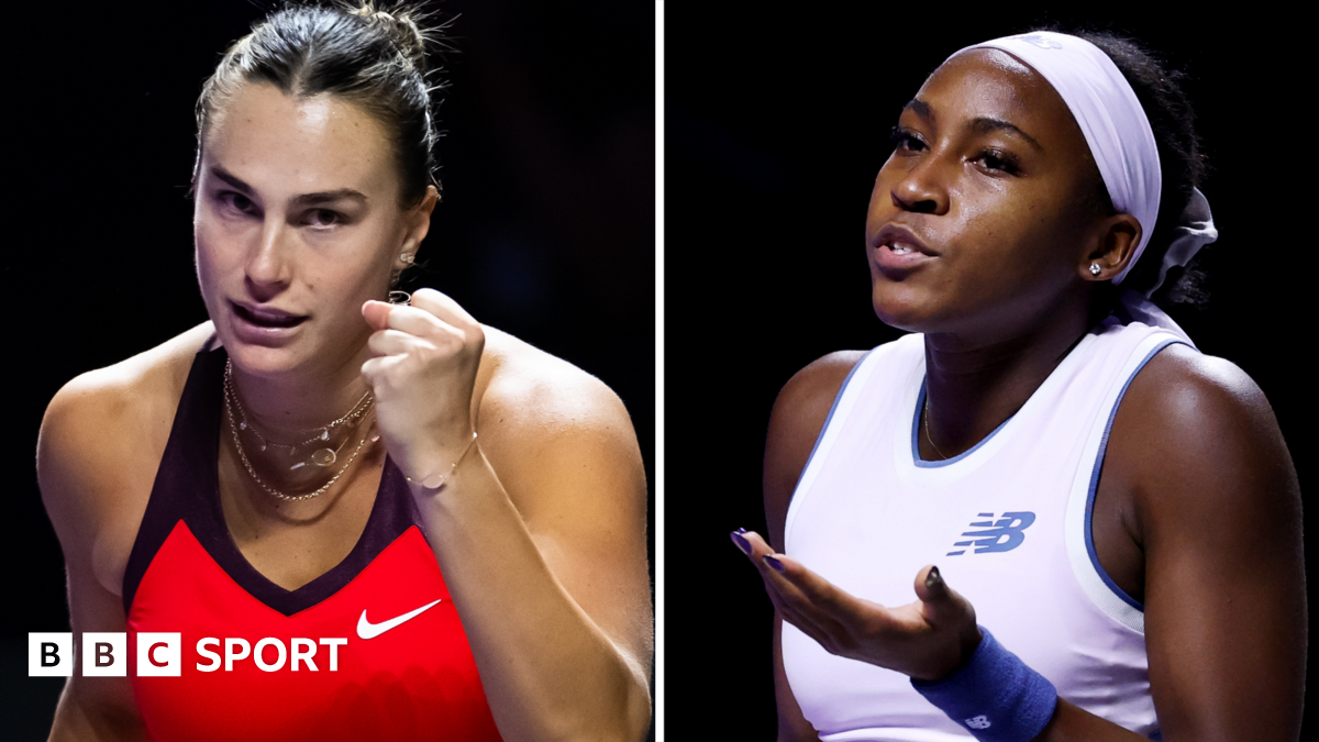 Aryna Sabalenka clenches her fist in celebration at the WTA Finals, while Coco Gauff gestures to her team
