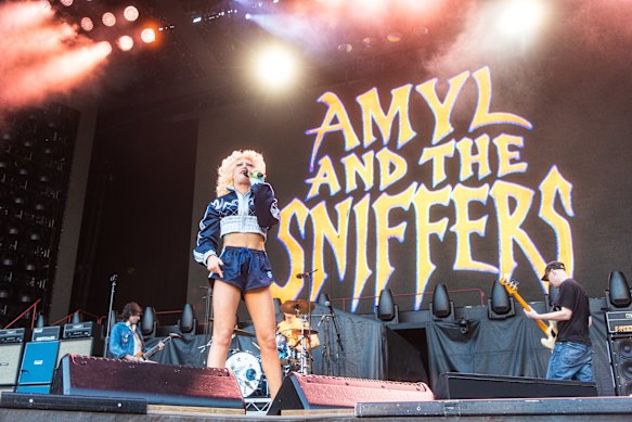 Amyl and the Sniffers performing as the support act for AC/DC at the MCG on Wednesday night.