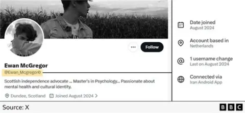 A BBC graphic showing (left) the account header for "Ewan McGregor" and (right) the account data which says "account based in the Netherlands and connected via Iran Android App".