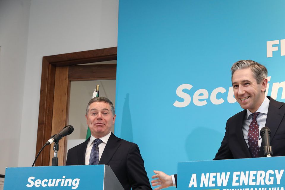 Fine Gael's Paschal Donohoe (left) and Simon Harris at a campaign announcement last November. Photo: PA