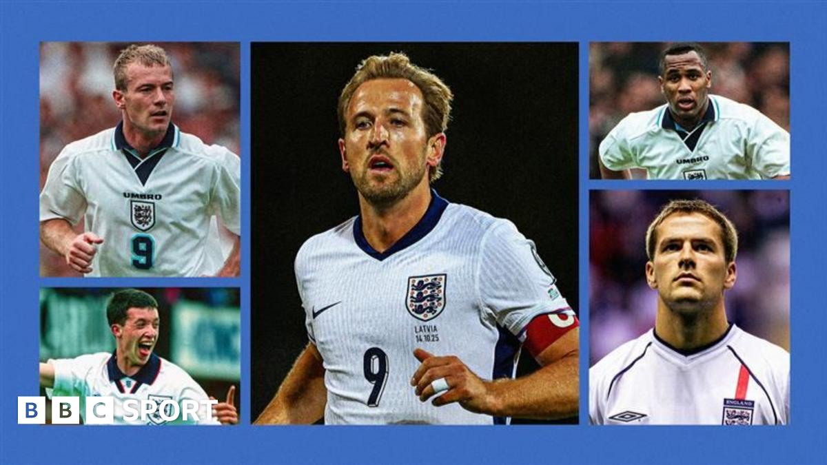 England's current number nine - Harry Kane (centre) and past Three Lions strikers (clockwise from top left) Alan Shearer, Robbie Fowler, Michael Owen and Les Ferdinand