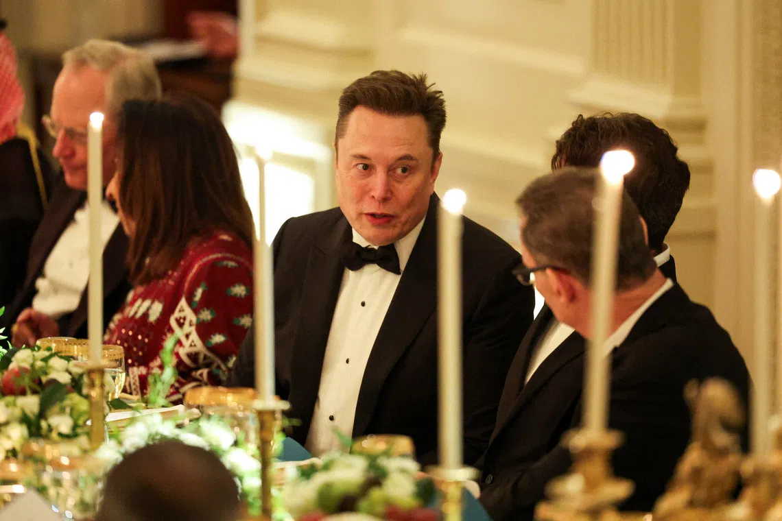 Mr Elon Musk attends a dinner hosted by US President Donald Trump for Saudi Crown Prince Mohammed bin Salman, at the White House on Nov 18.