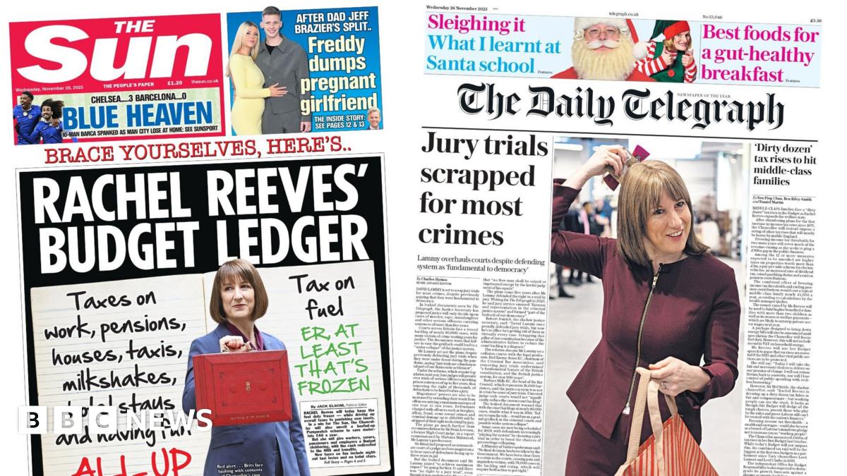 "Brace yourselves, here's Rachel Reeves' Budget ledger," the Sun's headline on the front page says.