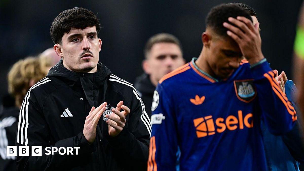 Tino Livramento and Malick Thiaw react after Newcastle United's defeat against Marseille in the Champions League on 25 November, 2025