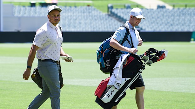 Usman Khawaja and Steve Smith playing golf in January of 2024.