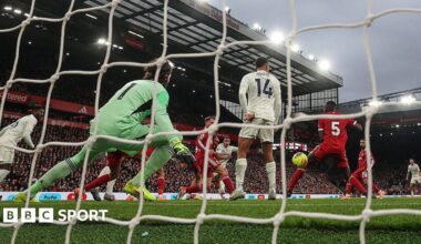 Murillo scores Nottingham Forest's first goal at Liverpool