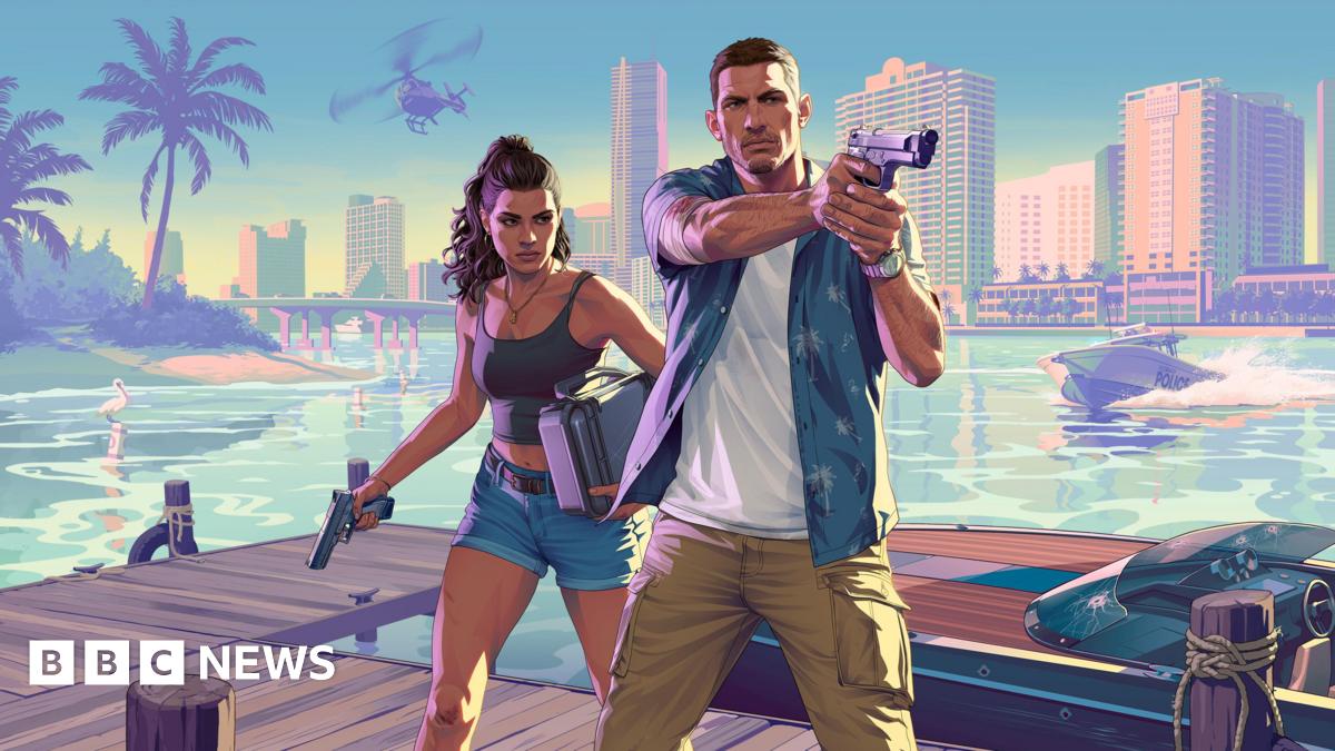 Two characters in a video game setting, one man holding a gun pointing off screen and a woman behind him in shorts also holding a gun. There is a boat at a dock behind them and the backdrop of a city.