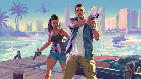 Rockstar Two characters in a video game setting, one man holding a gun pointing off screen and a woman behind him in shorts also holding a gun. There is a boat at a dock behind them and the backdrop of a city.