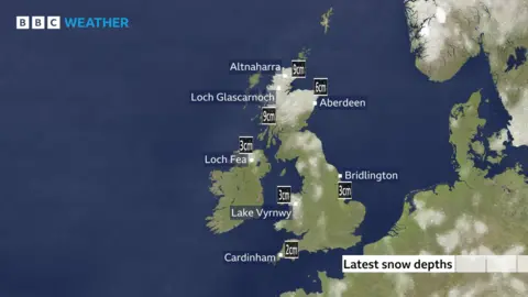 A map shows snow totals across the UK on Thursday, with the most in Scotland.