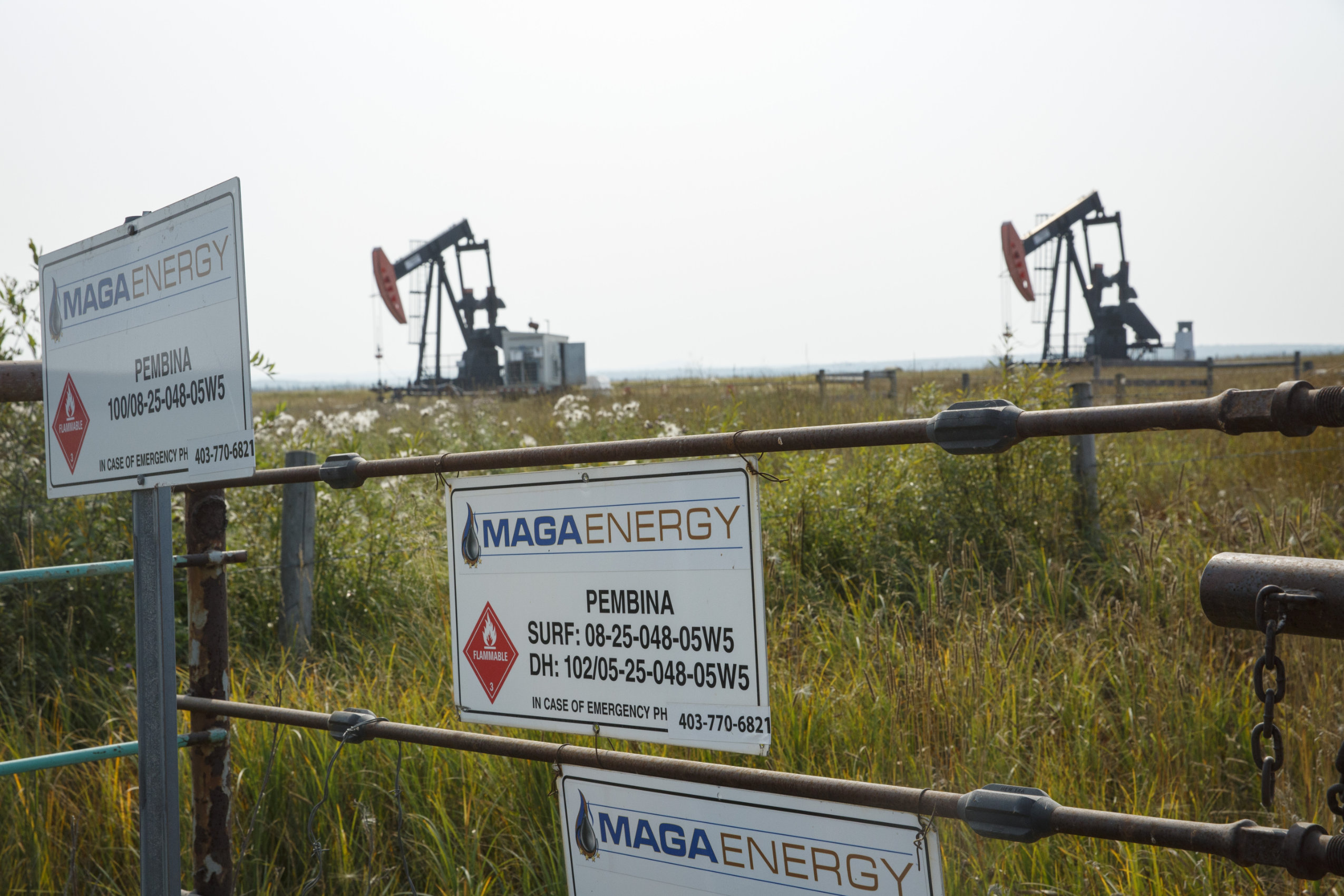 A sign hanging on a fence reads “MAGA ENERGY,” and two oil pump jacks in a rural Alberta field are seen in the background.