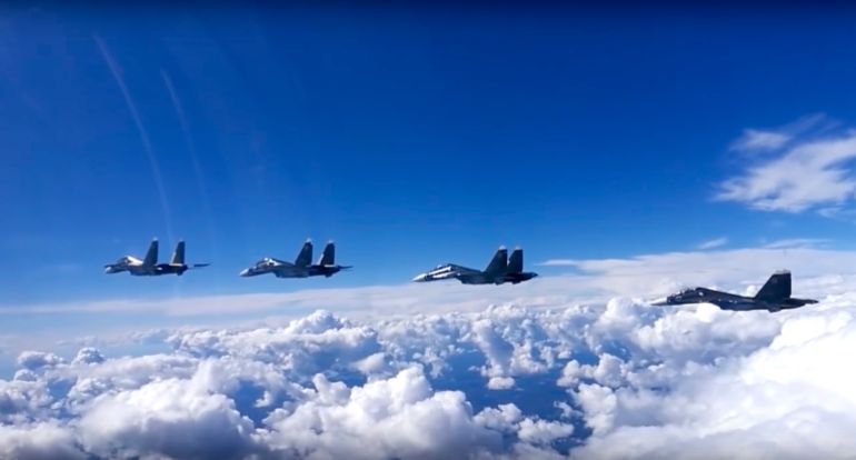 The Russian air force's Su-30s fighter jets fly during maneuvers in southern Russia.