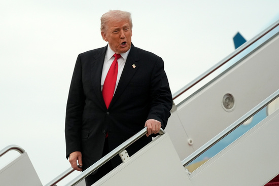 President Donald Trump arrives on Air Force One at Joint Base Andrews, Md., Sunday, Nov. 9, 2025, on his way to attend a football game between the Washington Commanders and the Detroit Lions. (AP Photo/Manuel Balce Ceneta)