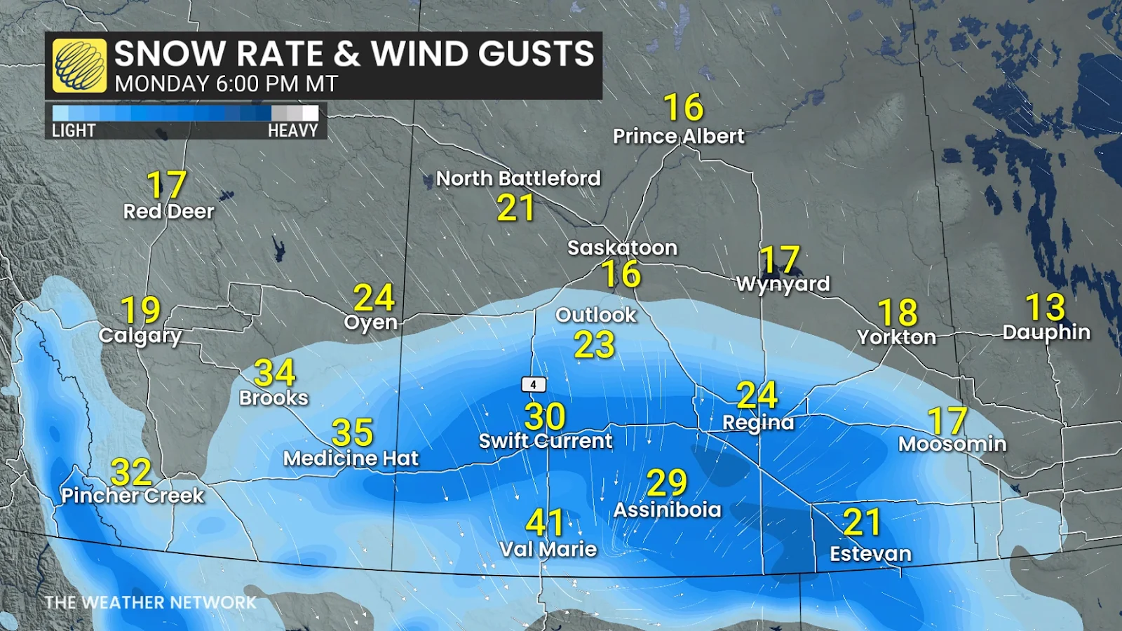 Alberta Saskatchewan forecast wind and snow Monday evening - Nov. 23, 2025