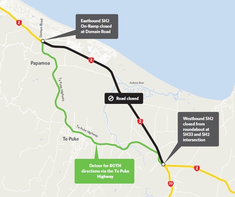 A map showing the detour that will be in place while the Tauranga Eastern Link is closed for night works. Image / NZTA Waka Kotahi