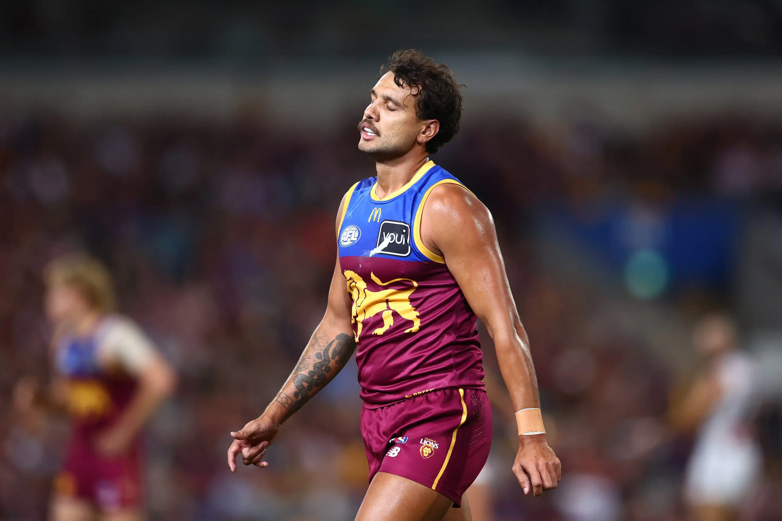 BRISBANE, AUSTRALIA - APRIL 17: Callum Ah Chee of the Lions looks on during the round six AFL match between Brisbane Lions and Collingwood Magpies at The Gabba, on April 17, 2025, in Brisbane, Australia. (Photo by Chris Hyde/AFL Photos/via Getty Images)