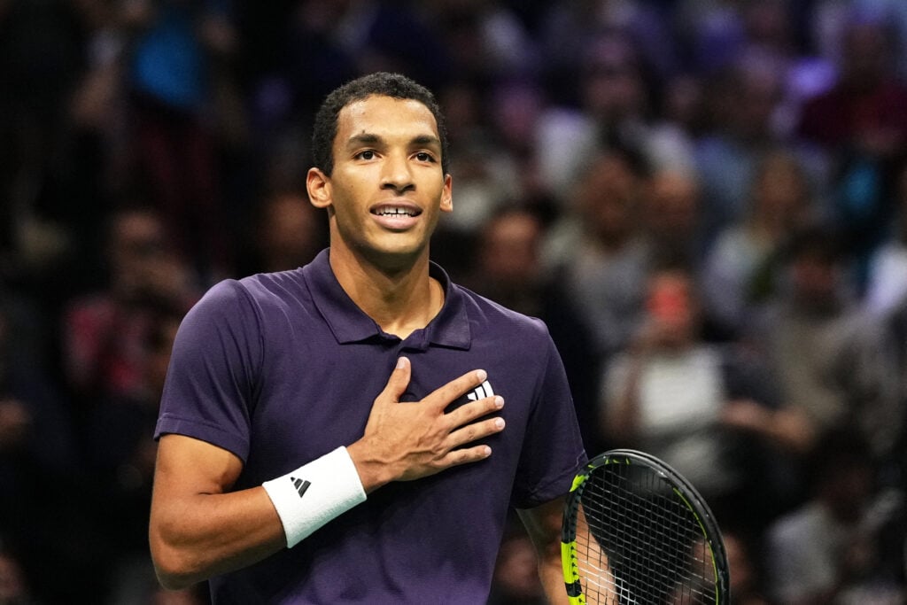 Felix Auger-Aliassime celebrates after beating Alexander Bublik in the semifinals of the 2025 Paris Masters