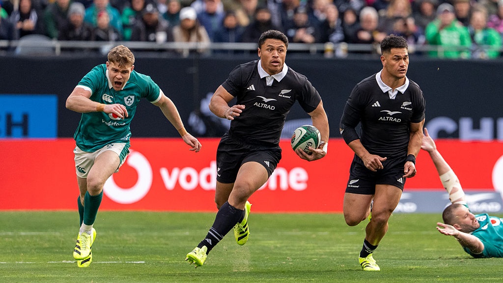 New Zealand All Blacks Caleb Clarke (11) in action during the Ireland vs New Zealand Gallagher Cup Rematch at Soldier Field. Final Score: Ireland 13:26 New Zealand.