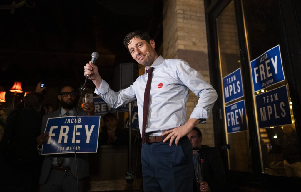 Minneapolis Mayor Jacob Frey speaks at an Election Night party on Nov. 4, 2025 in Minneapolis.