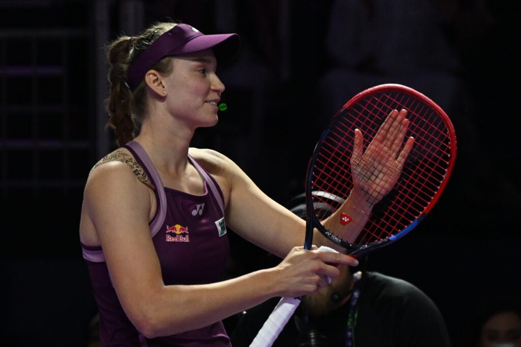 Elena Rybakina celebrates her win over Aryna Sabalenka at the 2025 WTA Finals